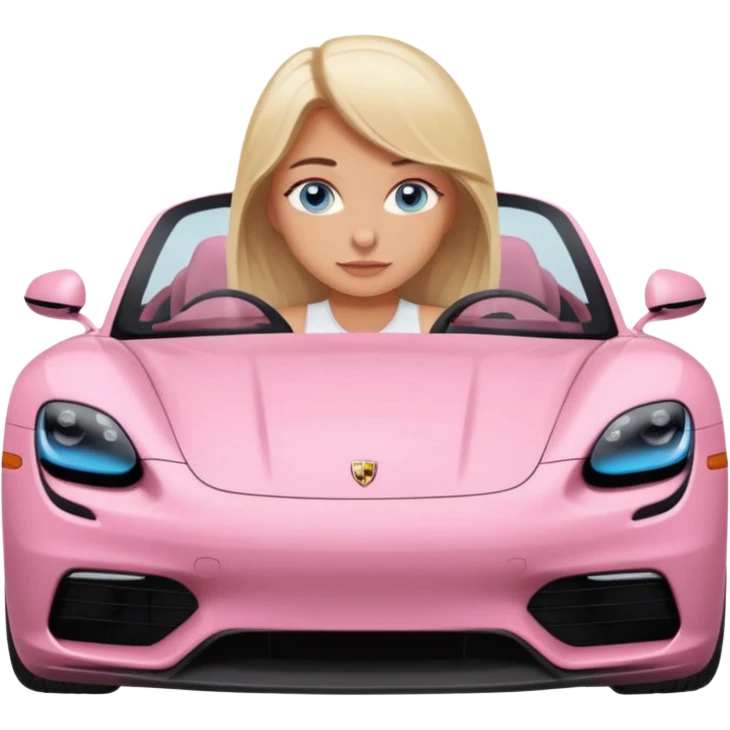 pink Porsche taycan with blonde girl, blue eyes, sitting in the car, front view point of view emoji
