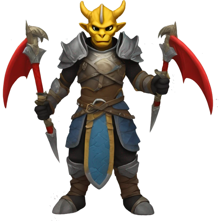     Tall Dragonborn fighter with twin swords  with red blades and yellow Handels and blue scales and black horns with red wings  emoji