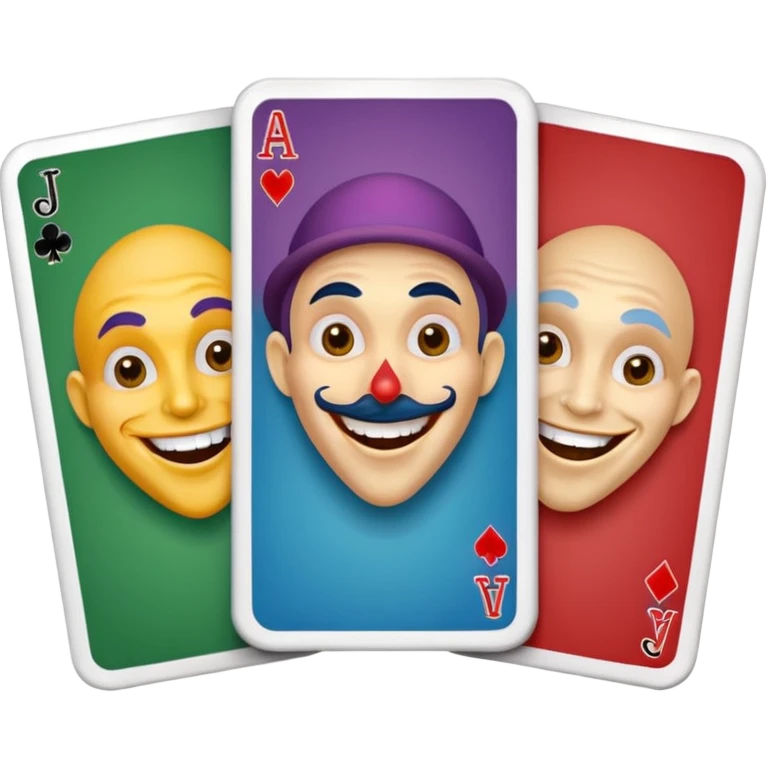 3 poker cards, with crazy colorful human jolly jokers inside, face only emoji