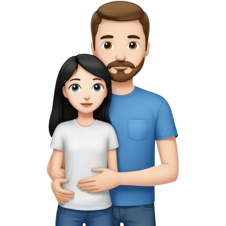 tall white guy with brown hair goatee mustache wearing t-shirt and jeans hugging a shorter white girl with long black hair emoji