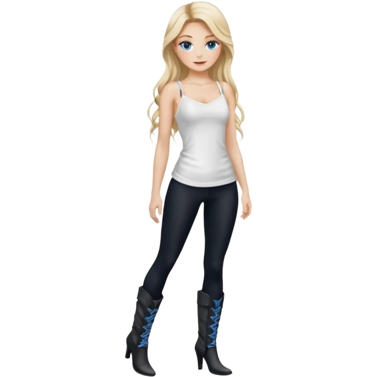 Blonde model silk balayage long hair herringbone braid women with blue eyes wearing White Spaghetti top and black Leggins and Boots with heels emoji