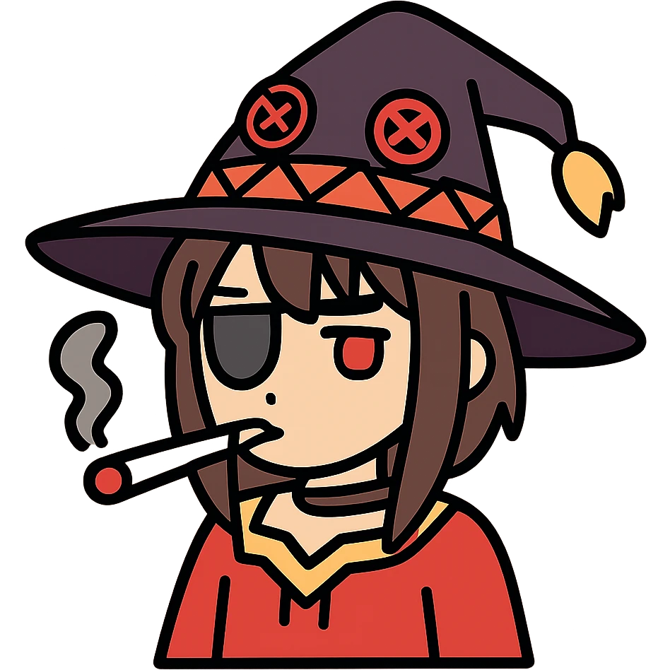 Anime witch girl Megumin from Konosuba with witch hat and eye patch smoking a joint emoji