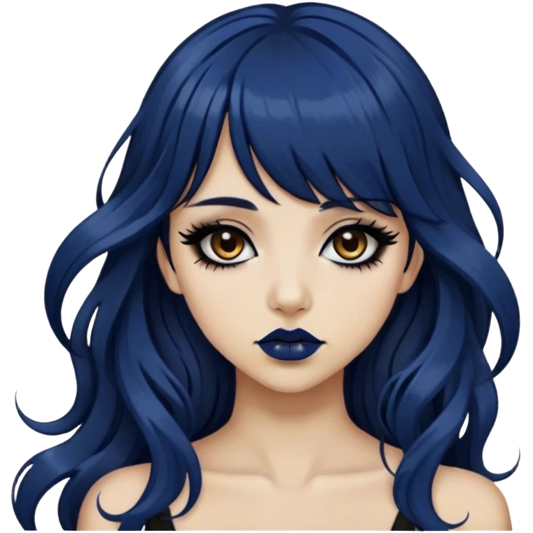 alternative / emo tan girl with very long dark blue wavy hair, bangs, brown lipstick, long black eyeliner, long eyelashes, and dark brown eyes  emoji