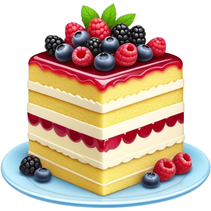Cinematic luxurious slice of cake, delicate layers of moist sponge and rich frosting, beautifully decorated with fresh berries and a glossy glaze, soft glowing light, elegant and indulgent. emoji