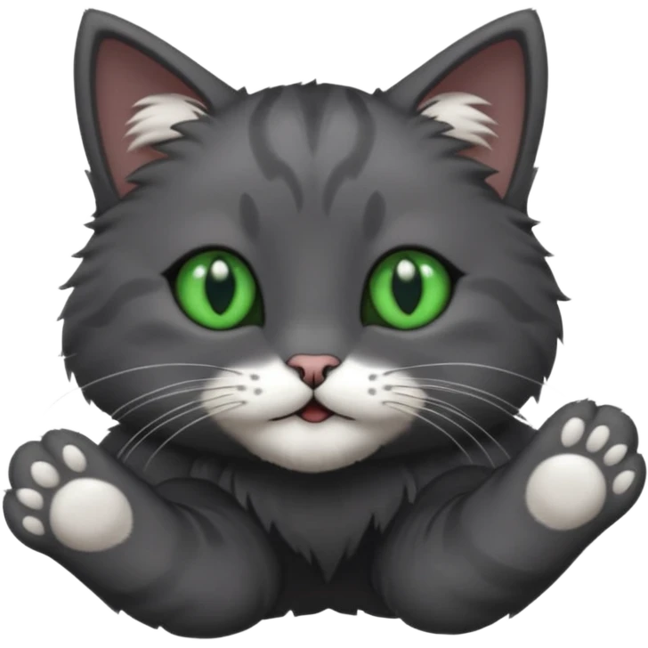 solid dark grey cat with green eyes, completely solid grey face, white toes/paws playfully rolling upside down emoji