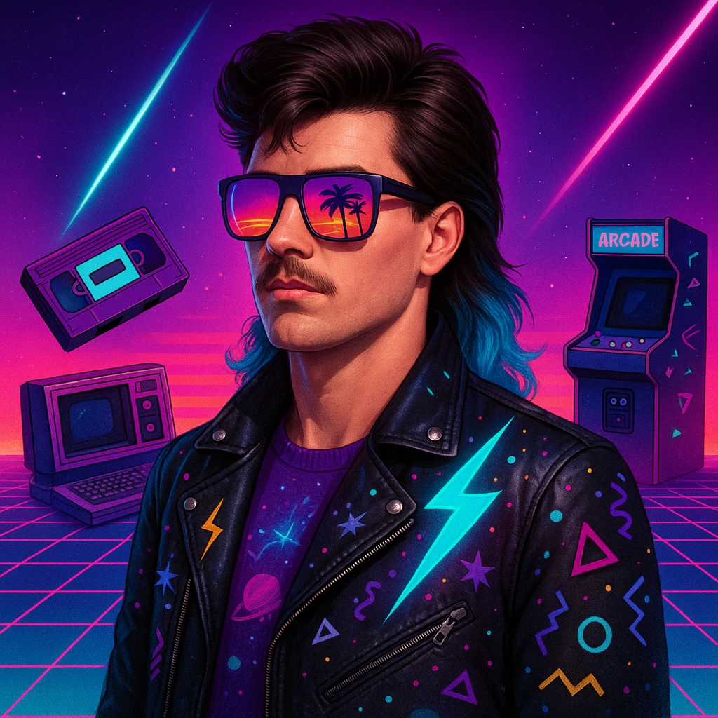 retro-futuristic 80s man with mullet hairstyle with neon blue ends, airbrushed sunglasses with pink to violet gradient and palm/sunset reflection, leather jacket with lightning, cosmic, and Memphis Design elements, neon gradient background with perspective grid, laser beams, cassettes, arcade games, Commodore 64, electric blue, fuchsia, turquoise, ultraviolet colors emoji