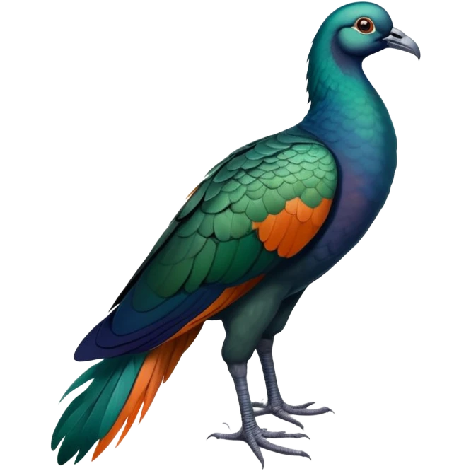 Nicobar pigeon with iridescent blue-green feathers, long neck feathers, bright orange beak, and white tail emoji