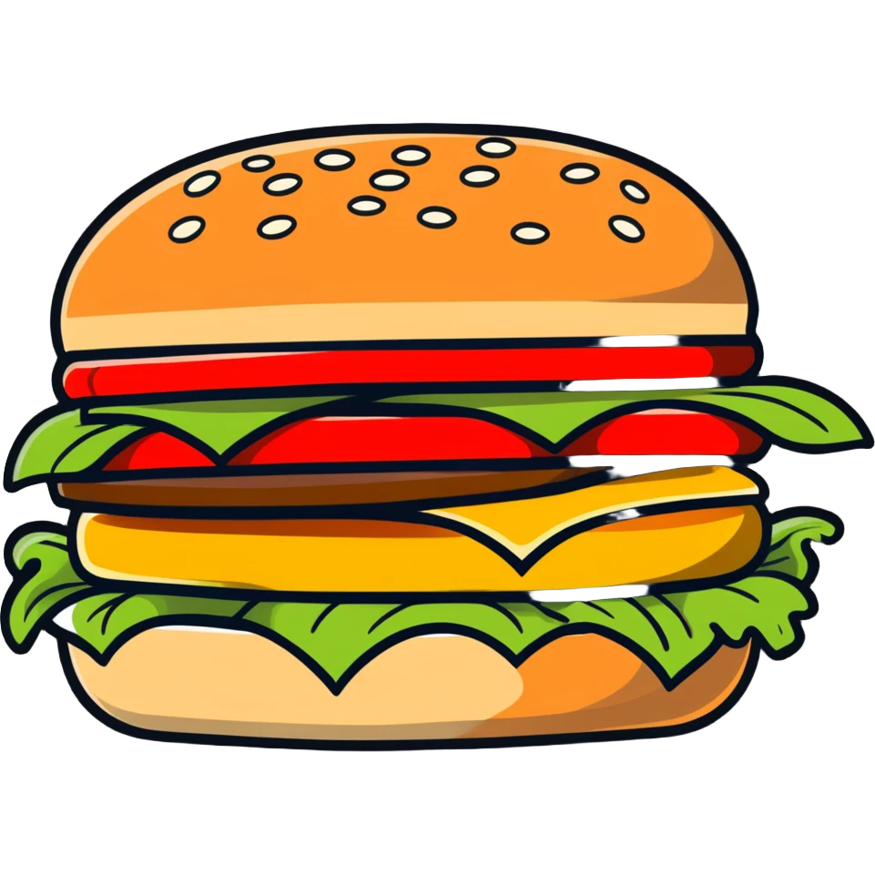 hamburger with sesame seed bun, lettuce, tomato, cheese, and patty emoji