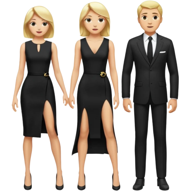 Blonde woman, black, Long, tight, sleveless Dress, Slot left Leg,man in suit, fly emoji