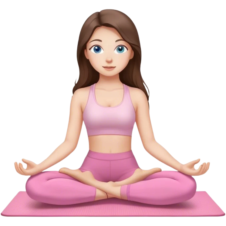 Brunette long hair and blue eyes yoga beautiful girl in light pink pink pink clothes sitting on a yoga mat emoji