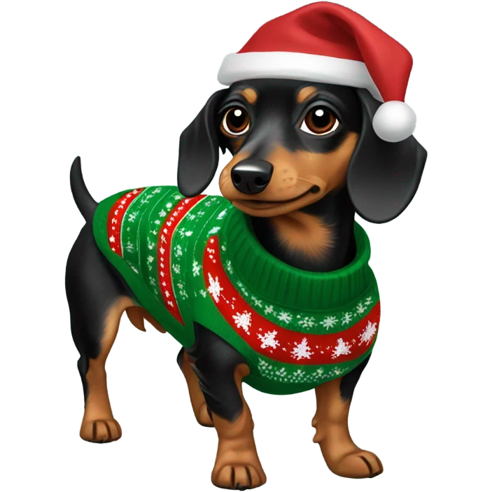 yorkie dachshund mix wearing Christmas sweater emoji