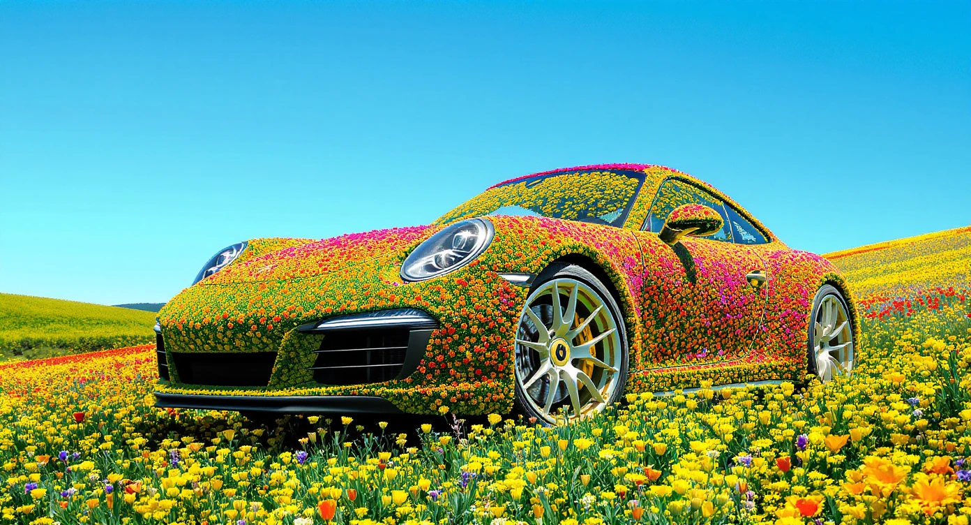 Closeup shot of a porsche 911, body of car made of grass and big colorfull flowers, green hill grass, blue clear sky, dutch angle, captured by ARRI 65 emoji