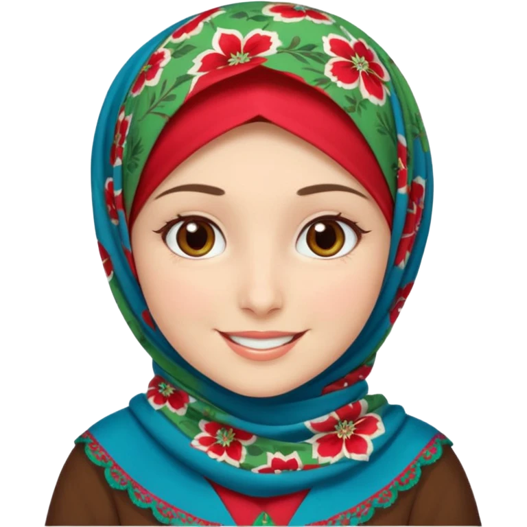 Turkish beautiful finish Konya girl brown eyes white skin with red blue green flowers hijab and brown islamic dress and smiles emoji