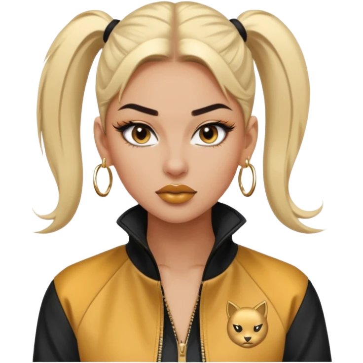 “Emoji girl, fierce confident expression, sharp winged eyeliner, bold brows, matte nude lips, long lashes, sleek high ponytail, wearing gold hoop earrings and sporty streetwear jacket.” emoji