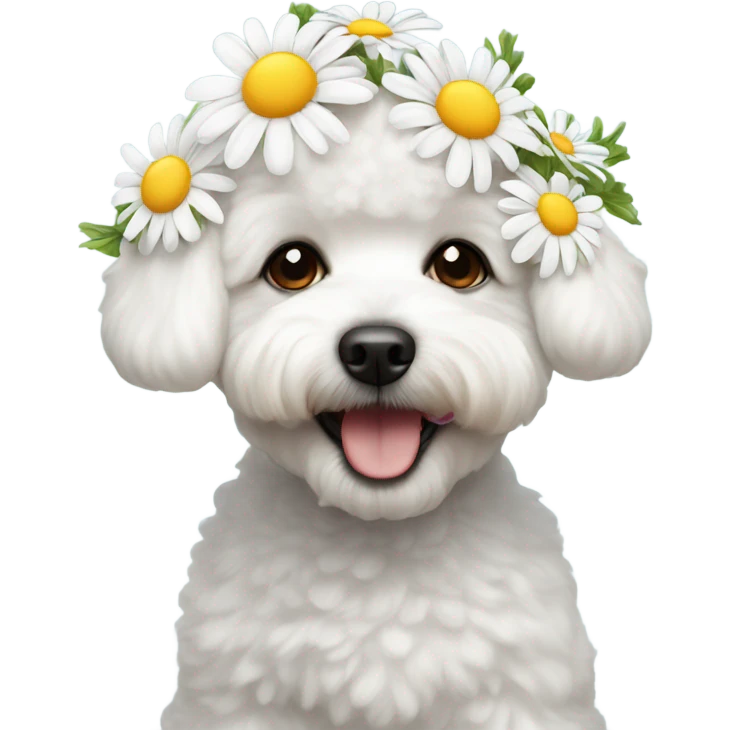 A happy bichon wearing daisy flowers on her head  emoji
