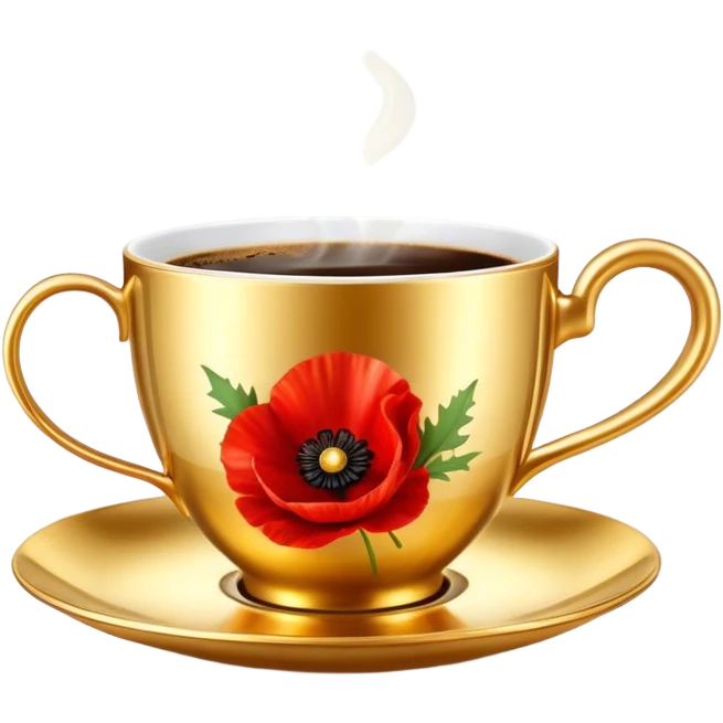A luxurious golden coffee cup with an elegant curved handle, filled with steaming espresso. The light reflects off its metallic surface, creating a cozy and sophisticated ambiance and red poppies  emoji