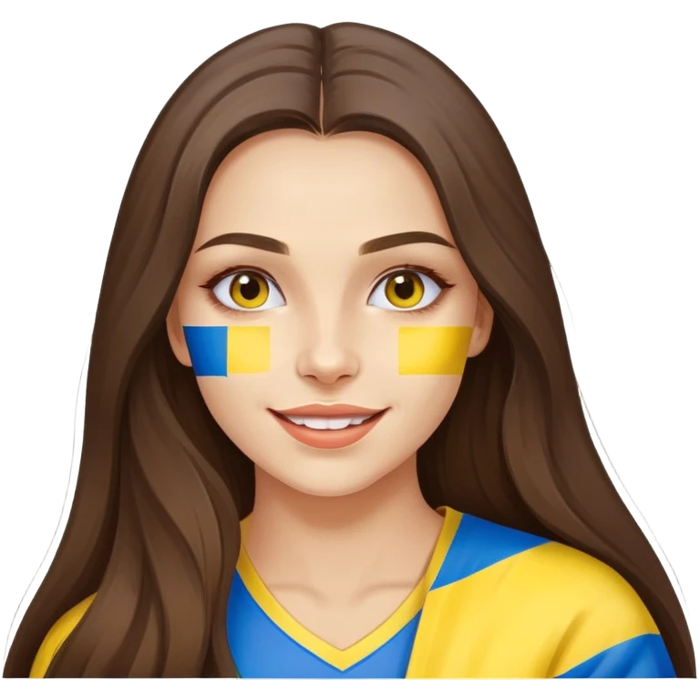 Brunette woman with long hair, Ukrainian flag (blue and yellow) painted on her cheek, happy expression emoji