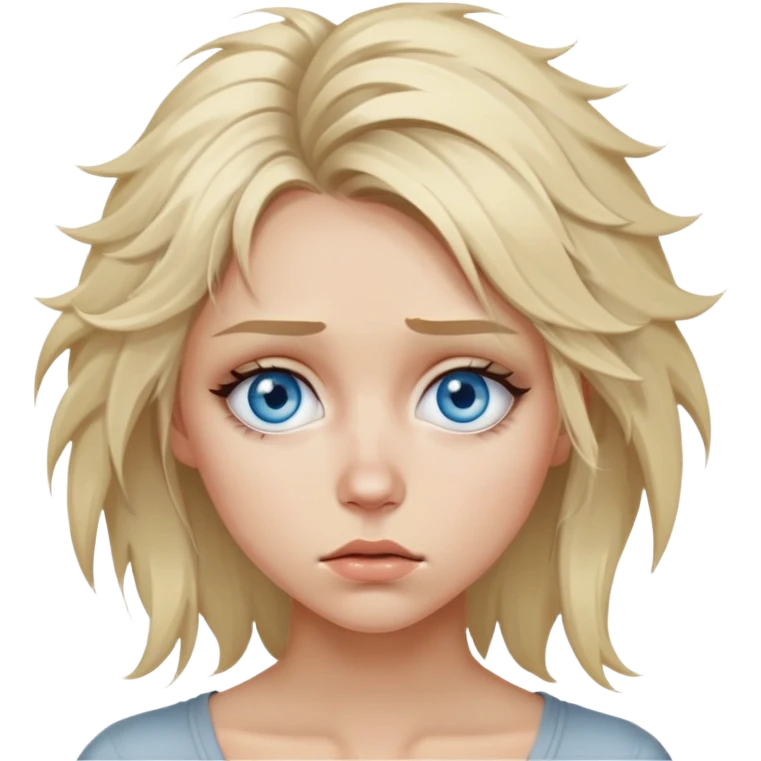 A sexy blue eyes Blonde depressed and sad girl emoji, messy hair and with eyebags, sad face against a grey background emoji