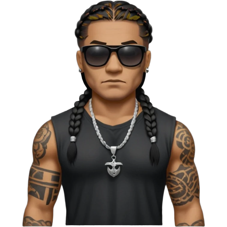 Samoan male. 
Untucked loose fitting black t-shirt. 
long black braided hair.
very muscular.
Even More tattoos. 
Tough and menacing.
Dark black square sunglasses. emoji