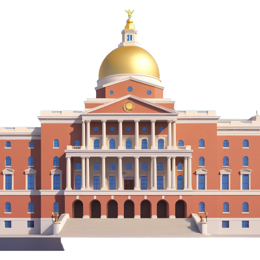 cinematic realistic emoji of the Massachusetts State House in Boston with shiny gold dome, straight-on perspective, iconic architecture, lifelike detail, bright regal lighting on a sunny day, accurate building colors not too yellow emoji
