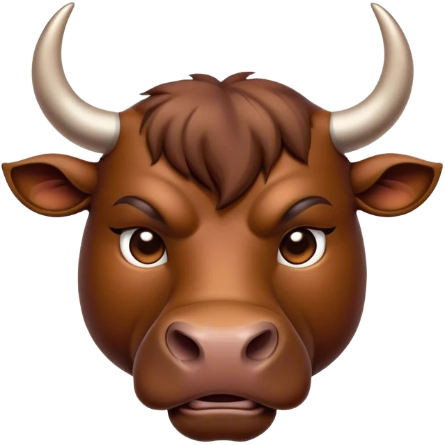 Cinematic Noble Brown Bull Portrait Emoji, Poised and regal, with a massive, muscular build and a sleek, well-groomed rich brown hide, deep-set soulful dark eyes, Simplified yet sharp and sophisticated features, highly detailed, glowing with a soft, dignified glow, high shine, intelligent and formidable, stylized with an air of strength, focused and attentive, soft glowing outline, capturing the essence of a watchful and confident guardian, so majestic it feels as though it could charge out of the screen with effortless authority! emoji