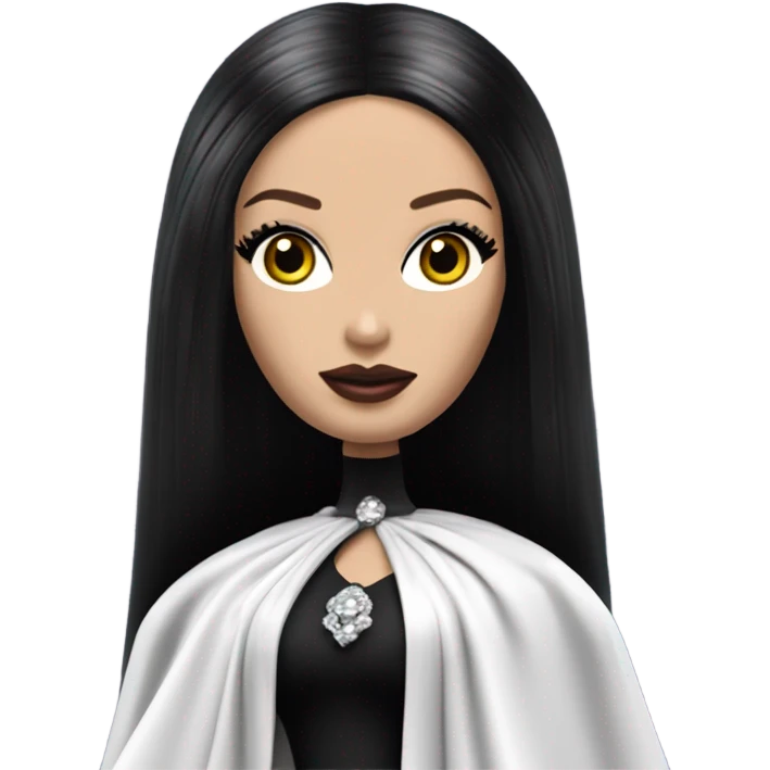 Dulcissima Barbie, Morticia Addams, cape,veil,funeralwear,showing off, show full body,accessories  emoji