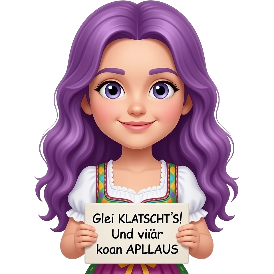 girl with long purple hair wearing a dirndl holding a Glei KLATSCHT'S! Und zwar koan APLLAUS sign emoji