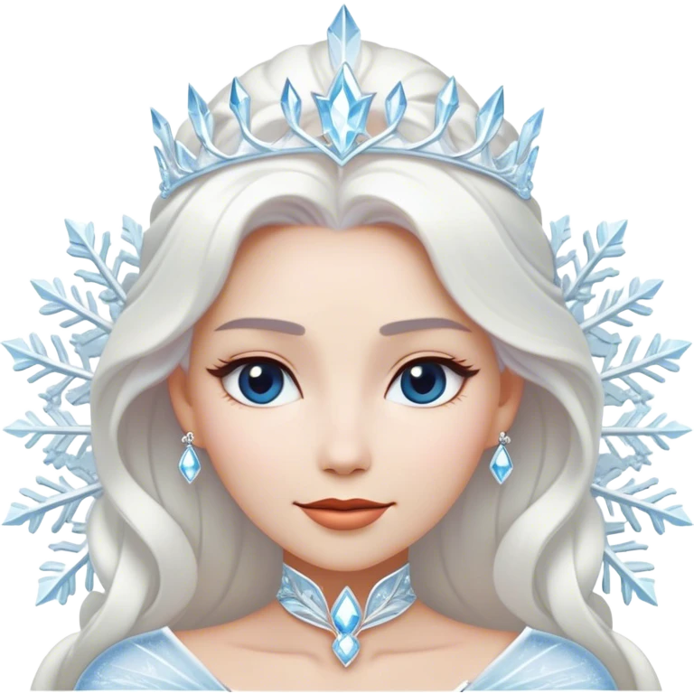 Cinematic Majestic Snow Queen Portrait Emoji, rendered in a clean, vector-style with bold, simplified shapes. Show Elsa with a serene, noble expression, luminous icy skin and gracefully styled platinum hair adorned with subtle crystalline accents, her attire minimal yet majestic. The design radiates a cool, crystalline glow with high shine and a soft glowing outline, embodying timeless, frosty elegance. emoji