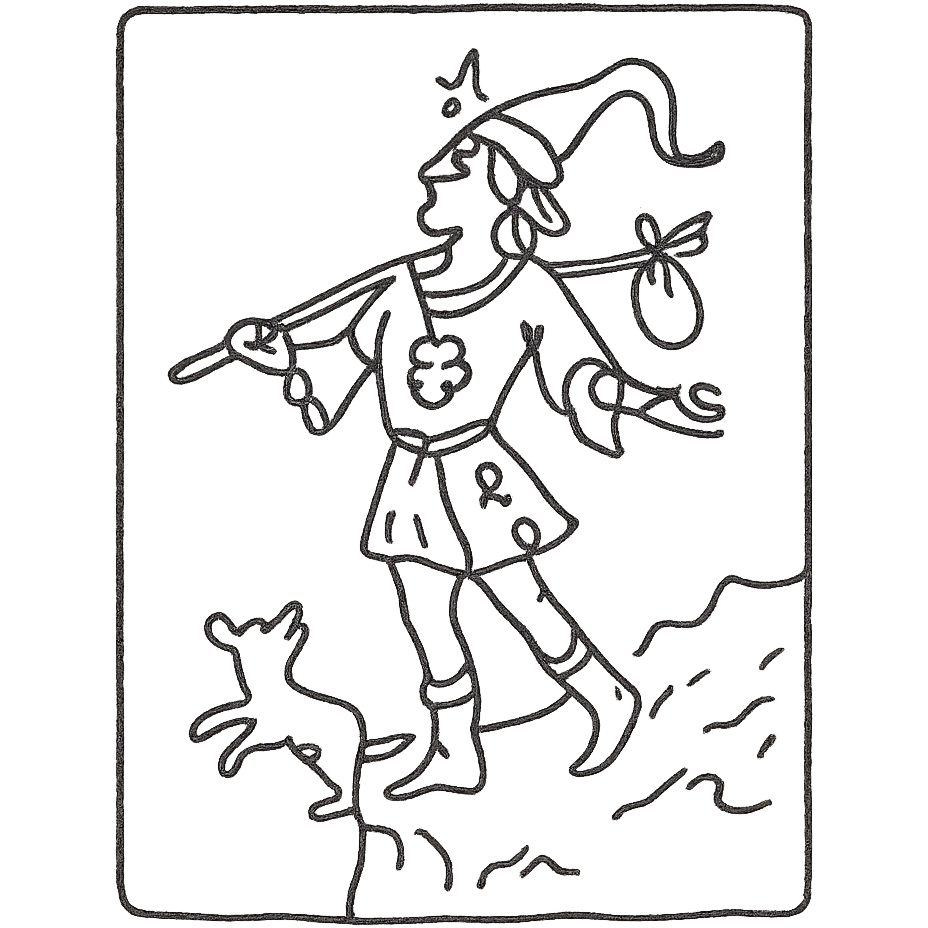 The Fool tarot card, simple and minimal, hand-drawn black outline style, no text emoji
