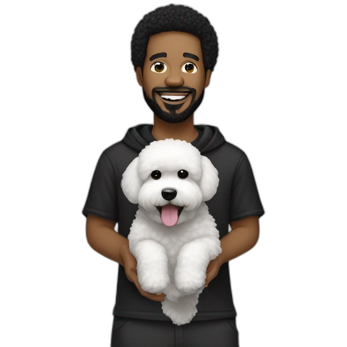 rapper-with hoop-white skin-black hair-beard-bichon dog-white-smile emoji