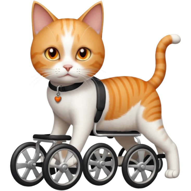 full body small short hair ginger and white cat with orange eyes walking in a wheelchair for cats emoji
