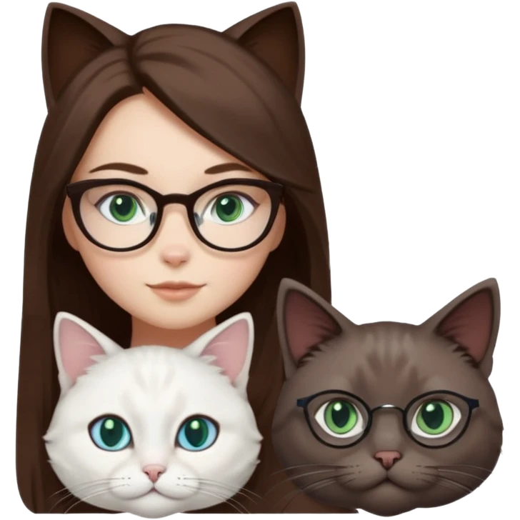 O fata cu parul saten lung ,ochii gri-albastrii ,ochelari și codițe de pisica ..și langa o pisicuță total  alba pufoasa ,cu ochii verzi și o a doua pisica siameza pufoasa cu capul maro inchis-negru și coada ,restul corpului un maro deschis spre alb  cu ochii albaștrii. emoji