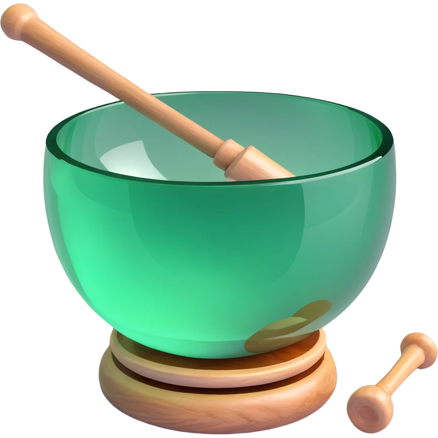 green crystal singing bowl with a mallet in it, clear and elegant, focus on the bowl and mallet emoji