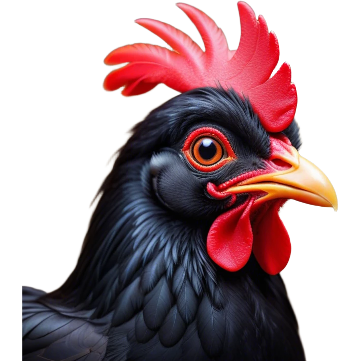 Cinematic Cute Black Chicken Portrait Emoji, Head tilted playfully and inquisitively, featuring sleek, lustrous black feathers and a vibrant red comb, round, sparkling beady eyes filled with curiosity, Simplified yet irresistibly adorable features, highly detailed, glowing with a warm, friendly glow, high shine, affectionate and lively, stylized with a touch of whimsical charm, bright and endearing, soft glowing outline, capturing the essence of a mischievous yet loving chicken, so playful it feels like it could peck out of the screen and into your arms! emoji