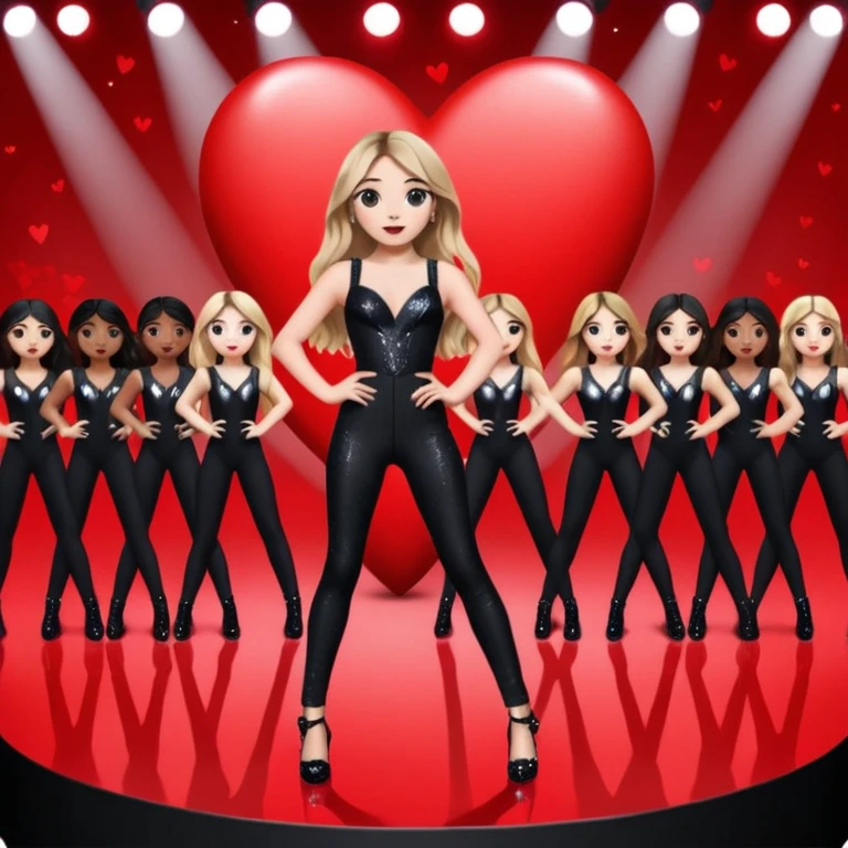 Sabrina carpenter singing at concert wearing a black sparkle jumpsuit and black hyper sparkle heels. She is standing in the center stage part that is in the shape of a red heart and it extends from the main stage, with a group of dancers surrounding her  emoji