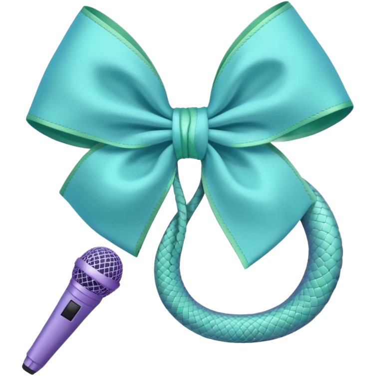 A pastel blue bow with a pastel a pastel green snake at the top of one side and a pastel purple microphone on the bottom of the other side of the bow emoji