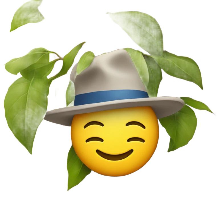 happy emoji face with hat on top next to tree emoji