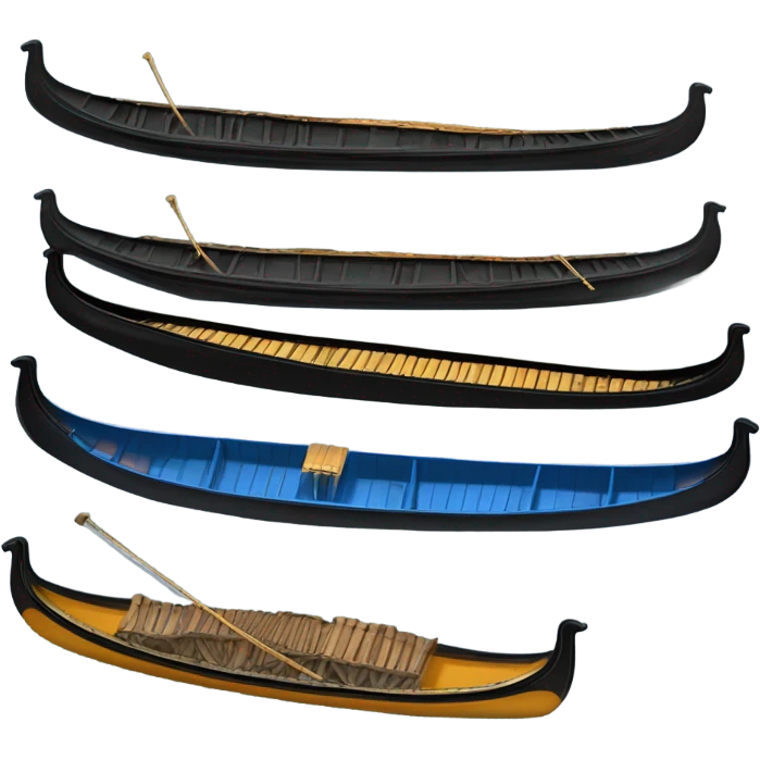 una gondola nera con dettagli dorati, vista di profilo, che galleggia su onde blu stilizzate. emoji