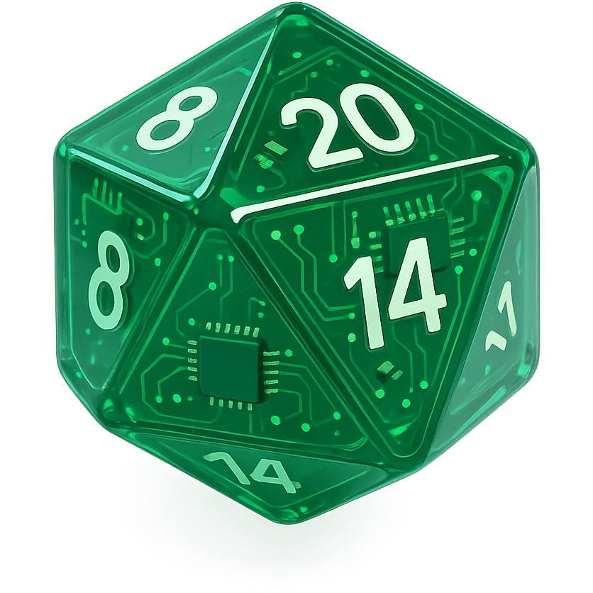 D20 dice, modern, sleek design, vibrant colors, glossy finish, green emoji
