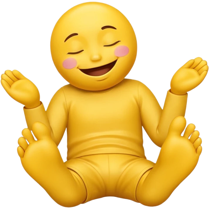 Cute 3D yellow smiley, closed eyes, smile, feet up, hands under chin, white background. emoji
