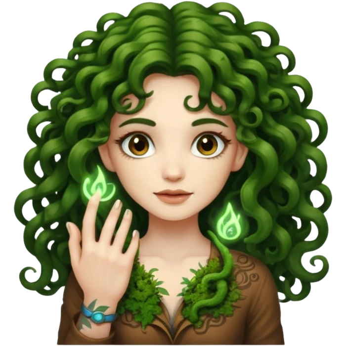 woman with long curly brown hair, brown eyes, white skin, tattoos, growing glowing moss from her fingertips like magic circuits emoji