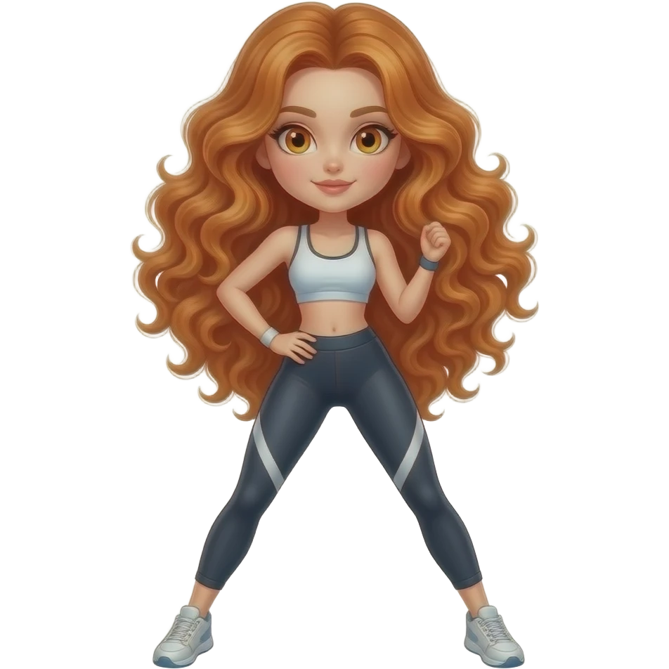 sexy girl with long curly ginger hair and ginger eyes is doing sport emoji