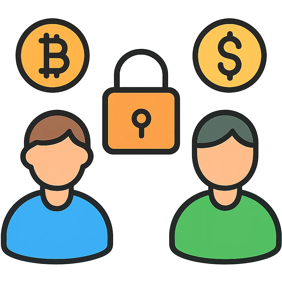 Secure P2P crypto transaction with escrow service, showing two people, cryptocurrency symbols, and a lock emoji