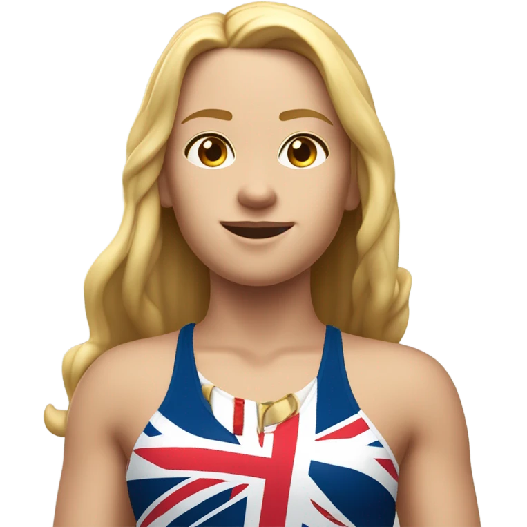 A girl with long blonde hair with wide shoulders wearing a Great Britain rowing swimming suit and has small muscles and add a necklace that has a sea shell pendant on it. The necklace is around the neck and the pendant is on her chest emoji