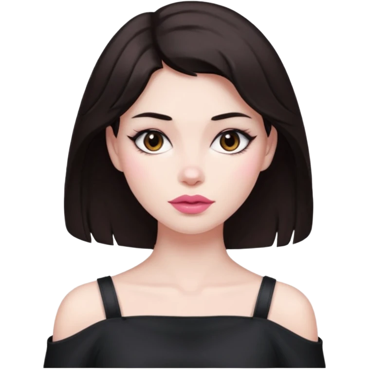 my hair is dark brown almost black, reaching my shoulder. the haircut is wolfcut, pretty lasher hut not thick. slightly pink lips. emoji