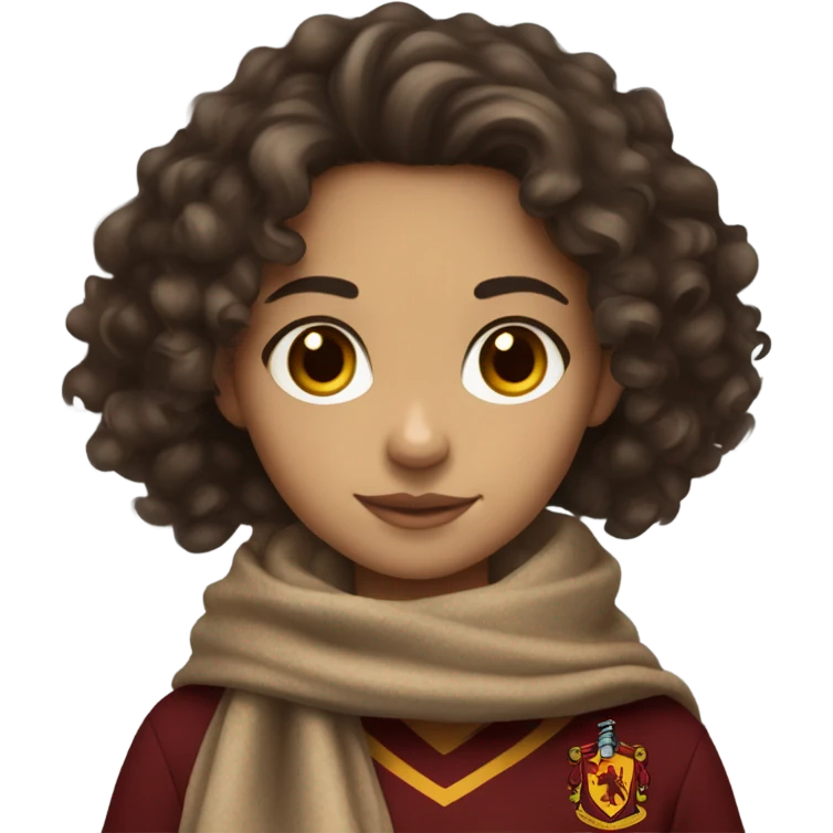 Curly-haired brunette girl with white skin, brown eyes and wearing a Gryffindor scarf emoji