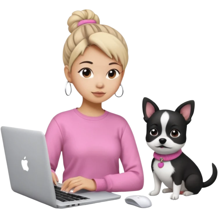 Asian girl with messy bun hair, wearing a white t-shirt, working on an Apple laptop, next to her is a small black and white dog in pink sweater emoji