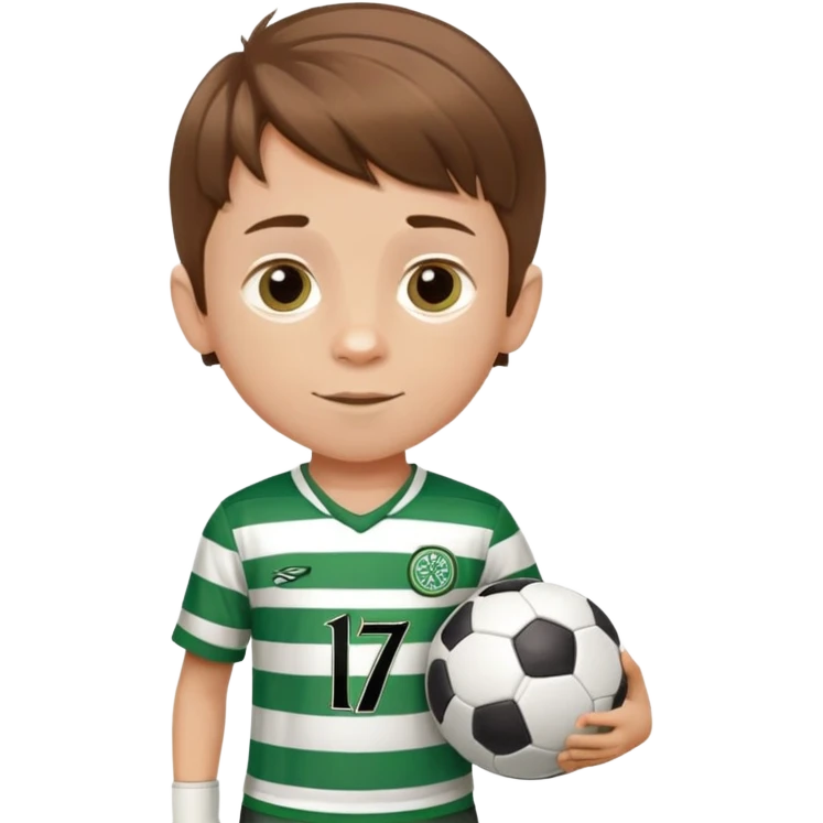 Celtic footballer jersey logo  6 years old brown hair white boy , stripes uniform , running with soccer ball # 17 emoji