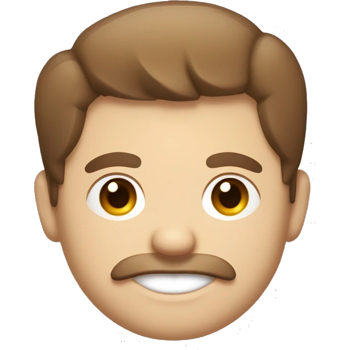 a chubby, round faced caucasian man smiling with dark brown hair, mustache and short beard, smiling mischeiviously with little devil horns barely visible poking up from under the hair. emoji