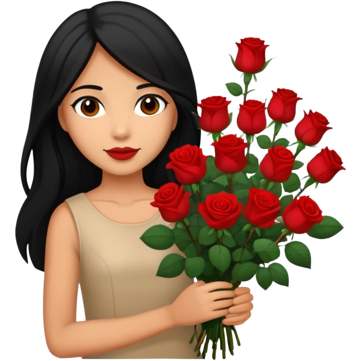 A girl with long black hair holding a bouquet of roses emoji